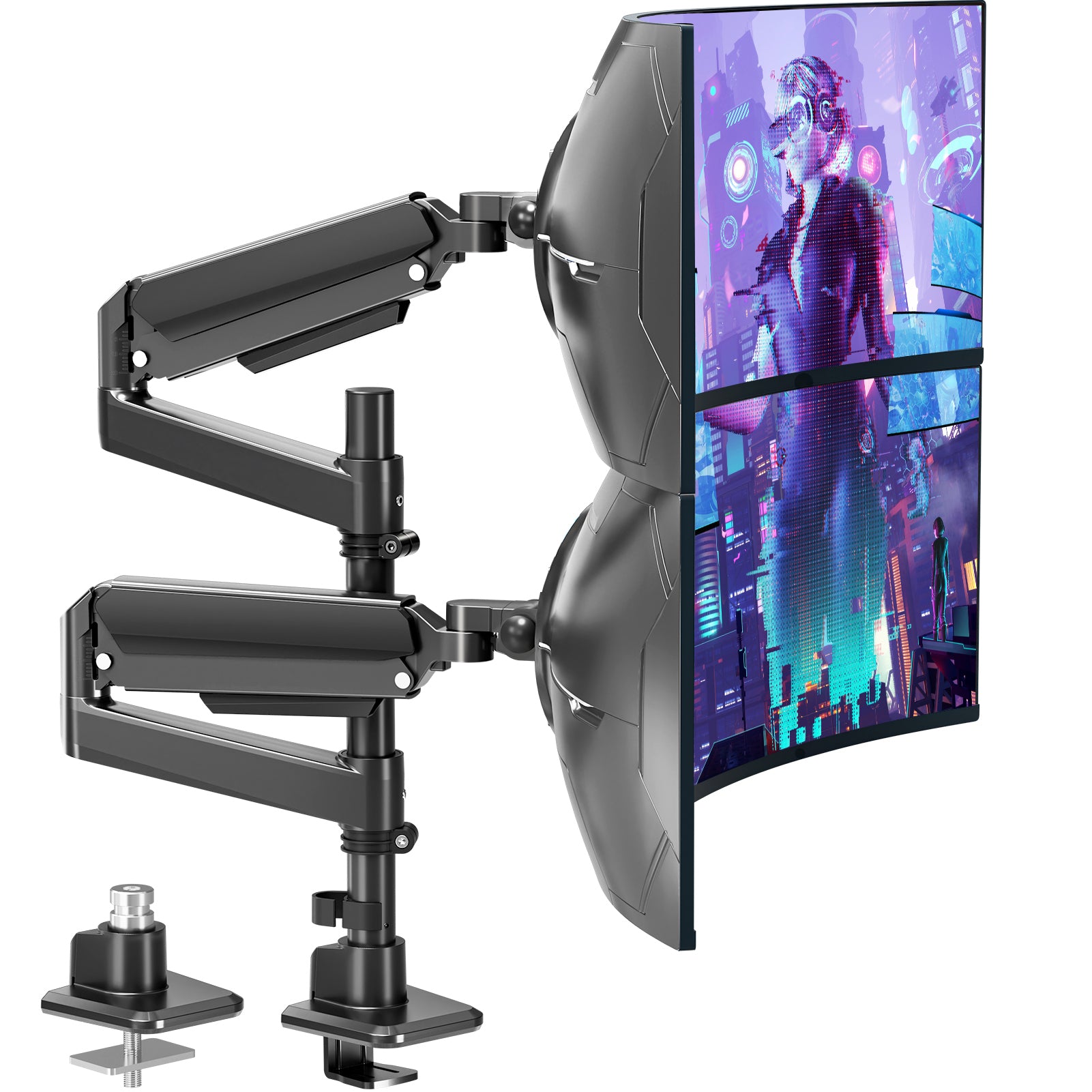 MOUNTUP Dual Monitor Stand for 49'' Curved Screen Stacking, Heavy Duty Dual Monitor Arm Holds 4.4 44 lbs, Vertical Stacked Monitors Desk Mount, Full Motion, Height Adjustable, VESA Mount 75/100
