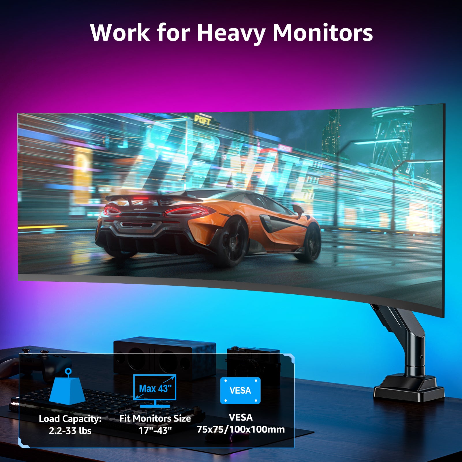 MOUNTUP Ultrawide Monitor Arm for 17-43 inch Curved Screen, Holds up to 33 lbs, Heavy Duty Monitor Desk Mount, Computer Monitors Stand for Samsung Odyssey G9 and More, VESA Mount 75/100 mm