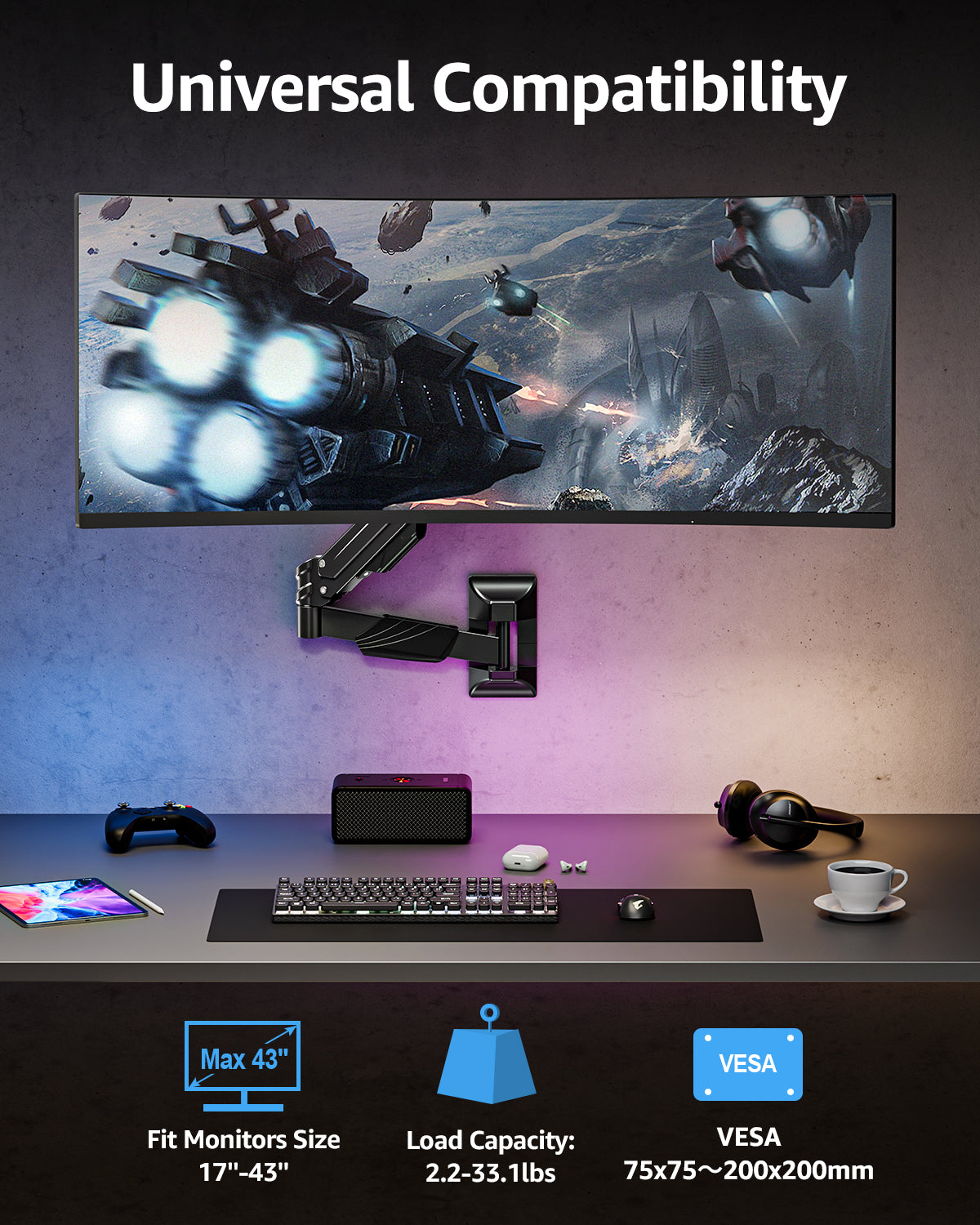 MOUNTUP Monitor Wall Mount for 17-43 Inch Curved Screens, Holds up to 33.1 lbs, Computer Monitor Wall Mount, Full Motion Wall Monitors Arm with VESA Extension Kit, 75x75 to 200x200 Vesa Mounts