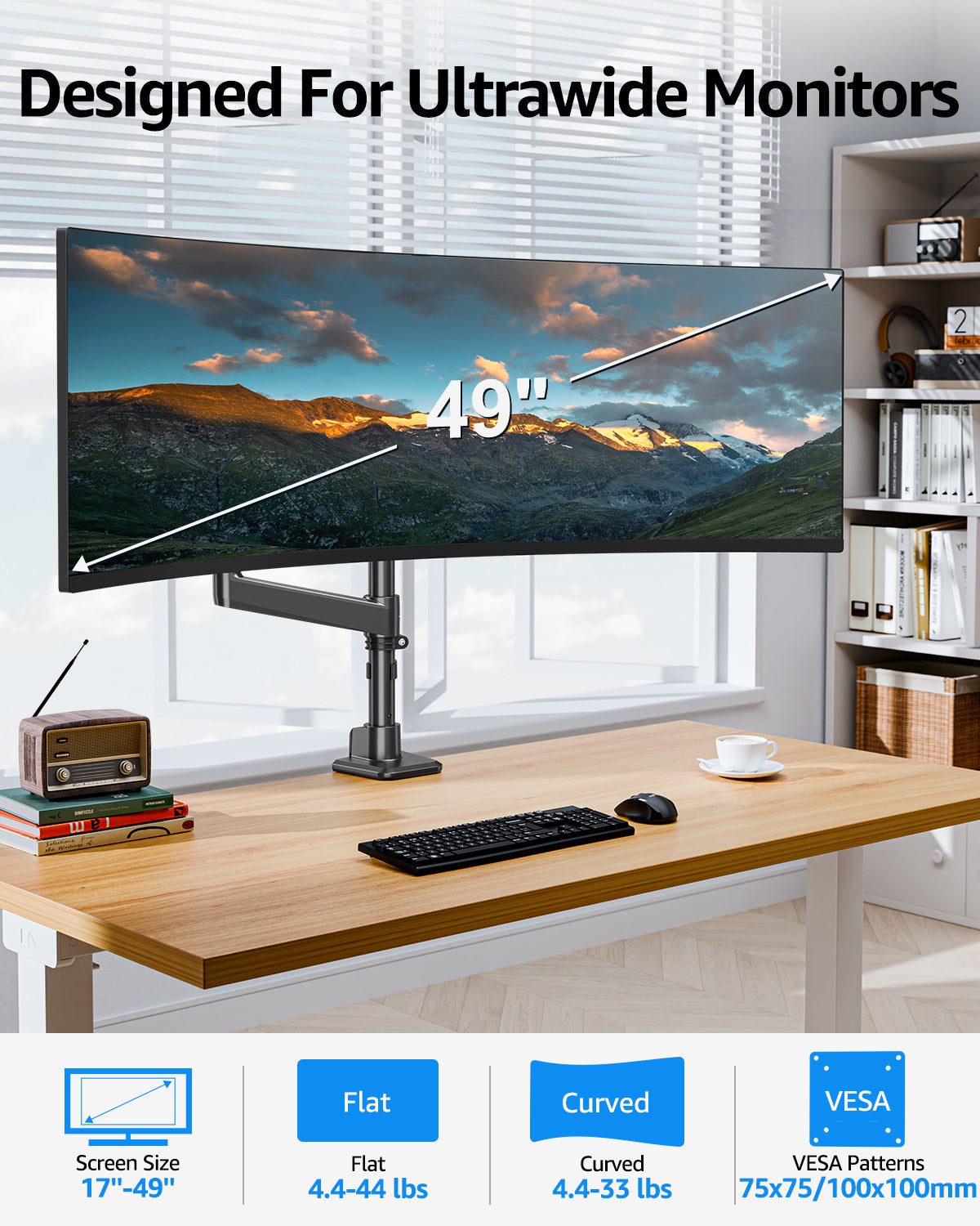 MOUNTUP Heavy Duty Monitor Arm Fits Max 49" Ultrawide Screens, Ultra Wide Monitor Arm Holds 4.4-44 lbs, Single Monitors Stand for Samsung Odyssey G9 and More, Gas Spring Height Adjustable, VESA Mount