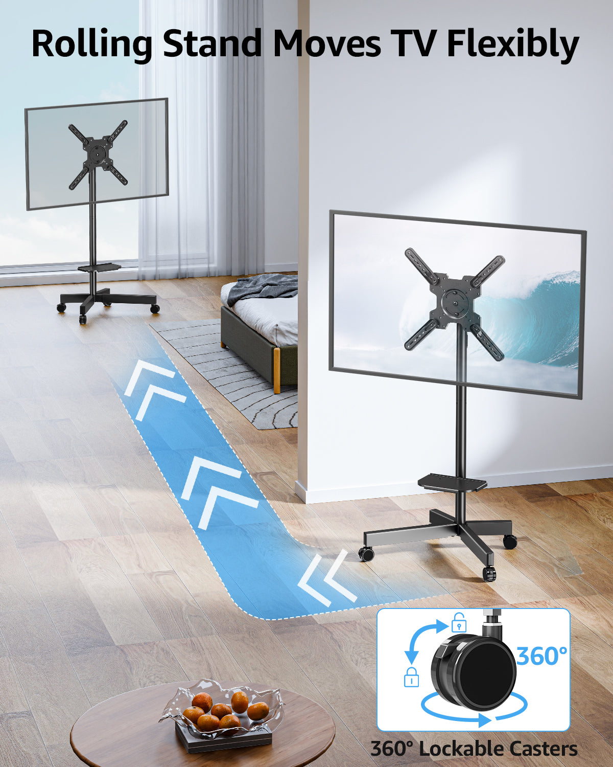 MOUNTUP Mobile TV Cart Rolling TV Stand for 23-60 inch TVs, Tilting & Rotating Mount, 90°Portrait to Landscape, Height Adjustable Portable TV Stand with Wheels,Max VESA 400x400mm, MU1114-B