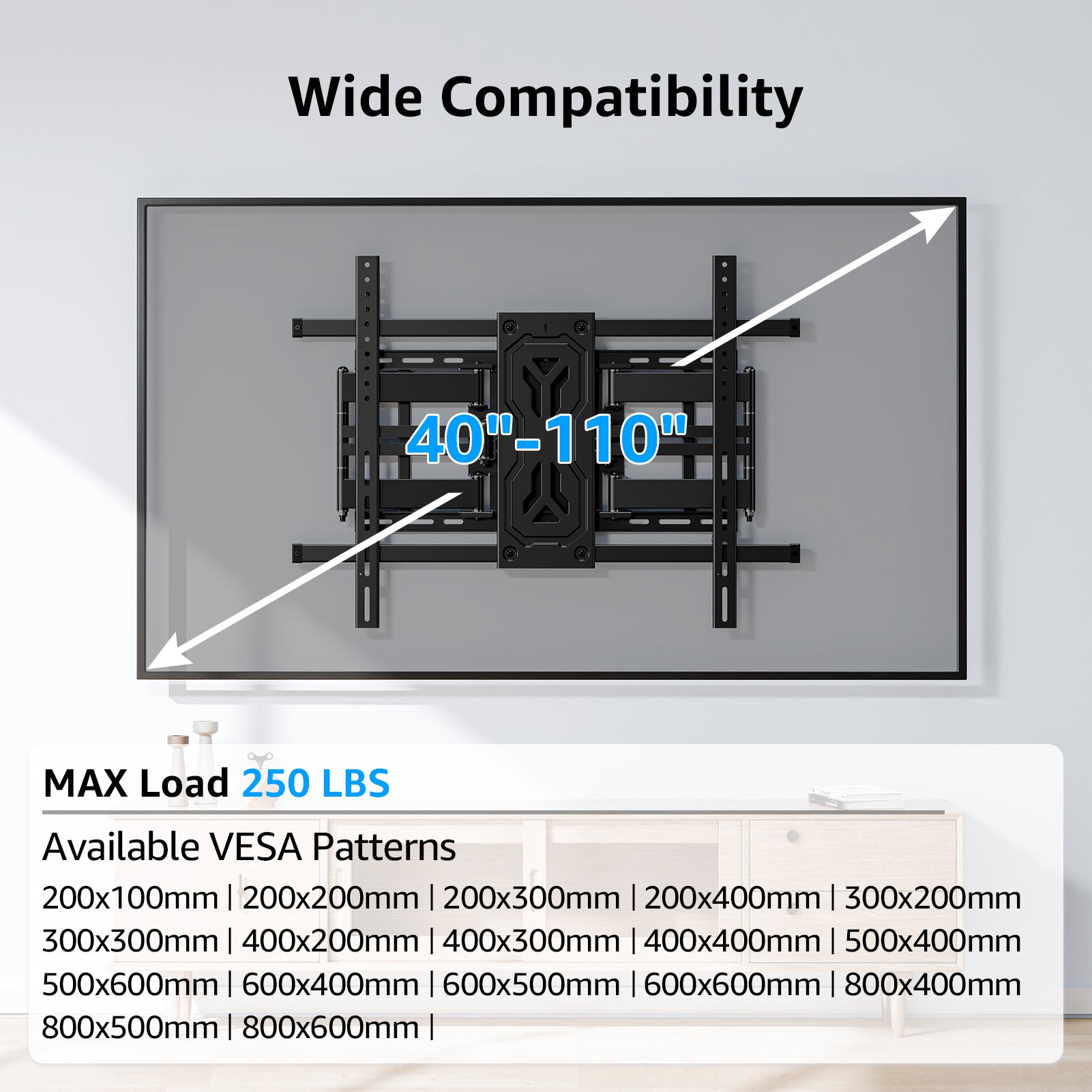 MOUNTUP Full Motion TV Wall Mount for 40"-110" TVs up to 250 lbs, 1.65" Slim TV Bracket with Articulating Arms Swivel Tilt, Heavy Duty Pre-Assembled Wall Mount, Max VESA 800x600mm, 12″-24″ Wood Studs