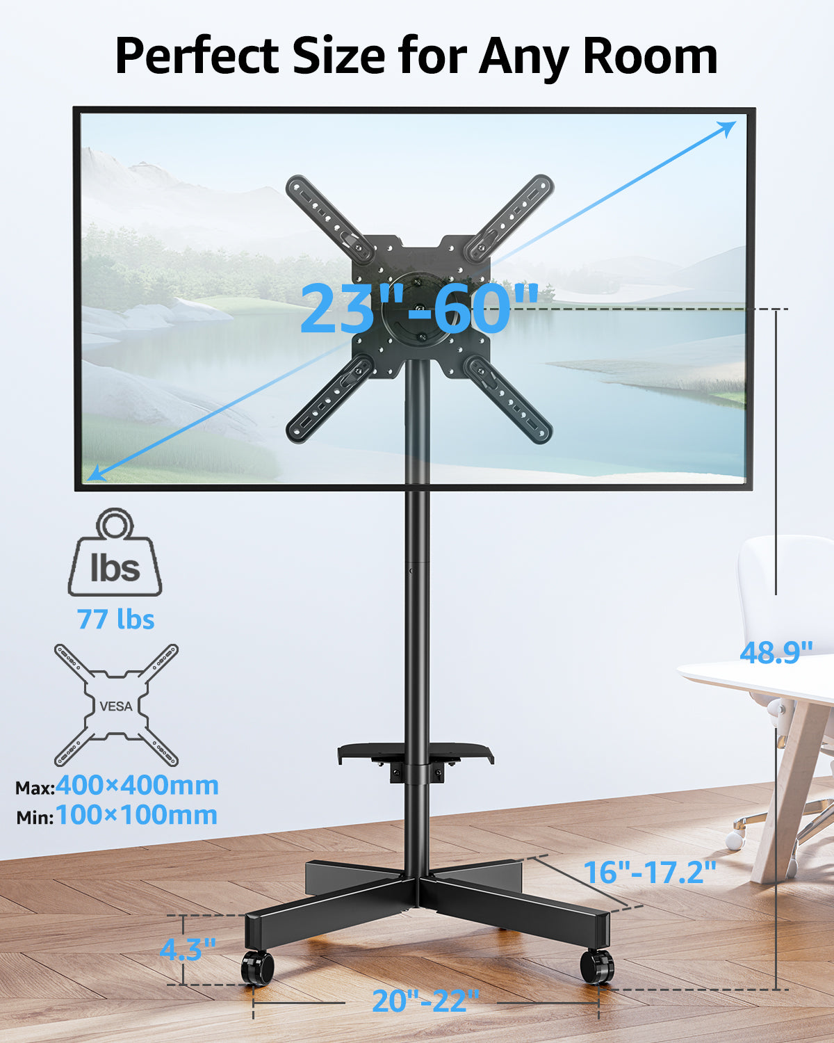 MOUNTUP Mobile TV Cart Rolling TV Stand for 23-60 inch TVs, Tilting & Rotating Mount, 90°Portrait to Landscape, Height Adjustable Portable TV Stand with Wheels,Max VESA 400x400mm, MU1114-B