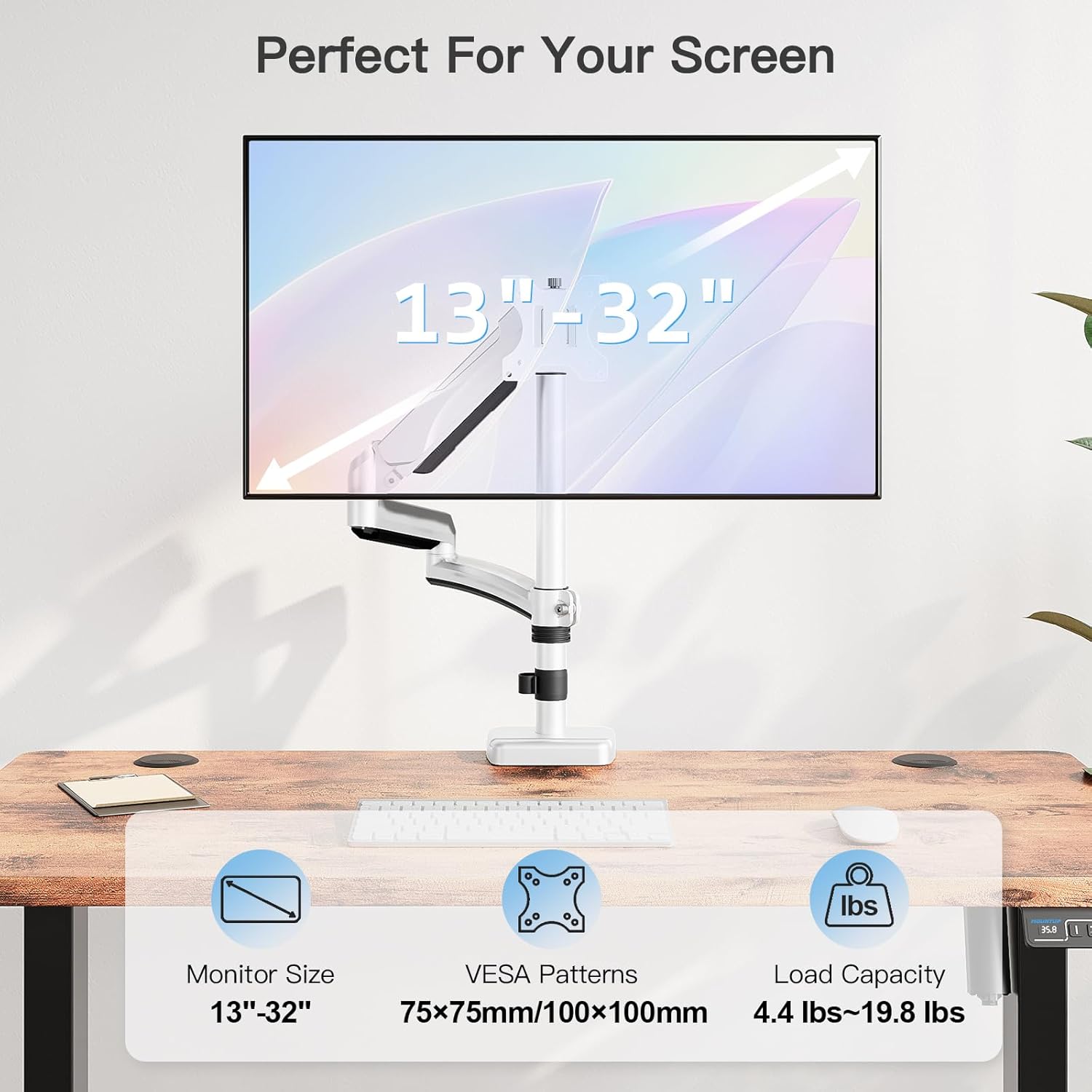 MOUNTUP Single Monitor Desk Mount, Monitor Mount for 13-32 inch, Long Arm Full-Motion Monitors Stand Holds Max 19.8lbs, Height Adjustable Gas Spring Monitors Arm with C-Clamp＆Grommet Base, White