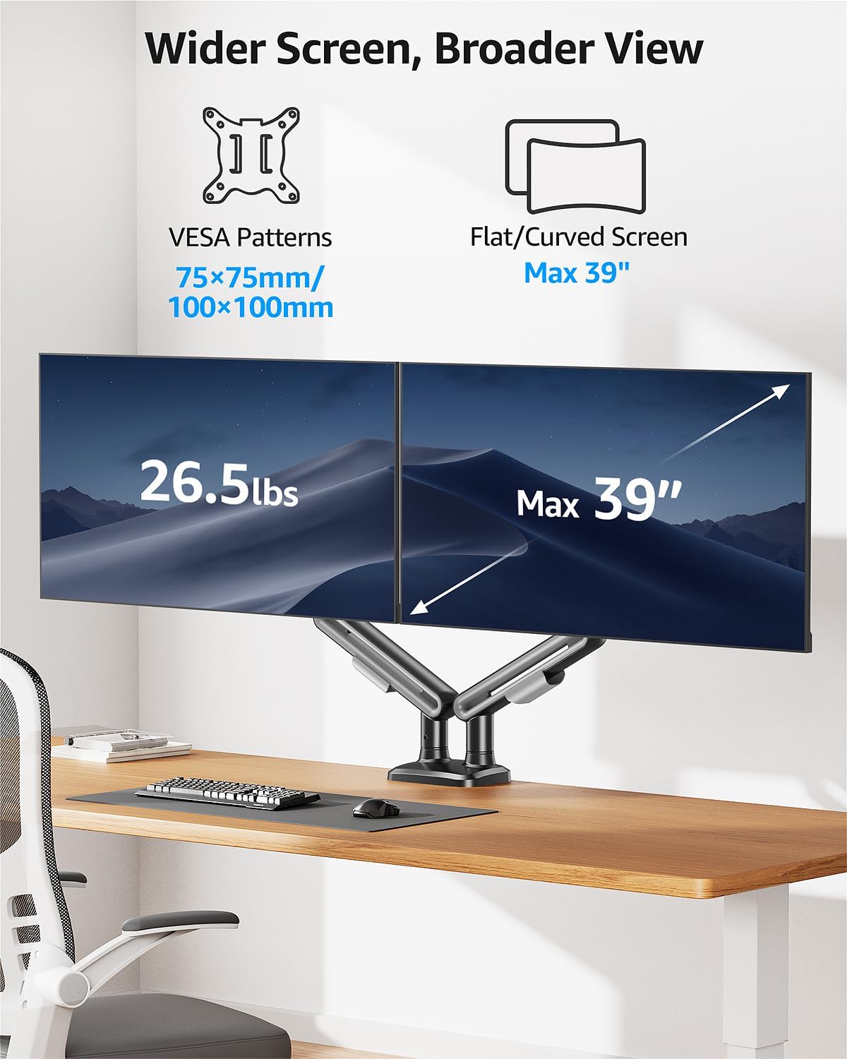 MOUNTUP Dual Monitor Mount Holds for 4.4-26.5lbs, Full-motion Monitors Stand Max 39 inch, Gas Spring Monitor Stand for 2 Monitor, Height Adjustable Monitors Desk Mount with C-Clamp＆Grommet Base