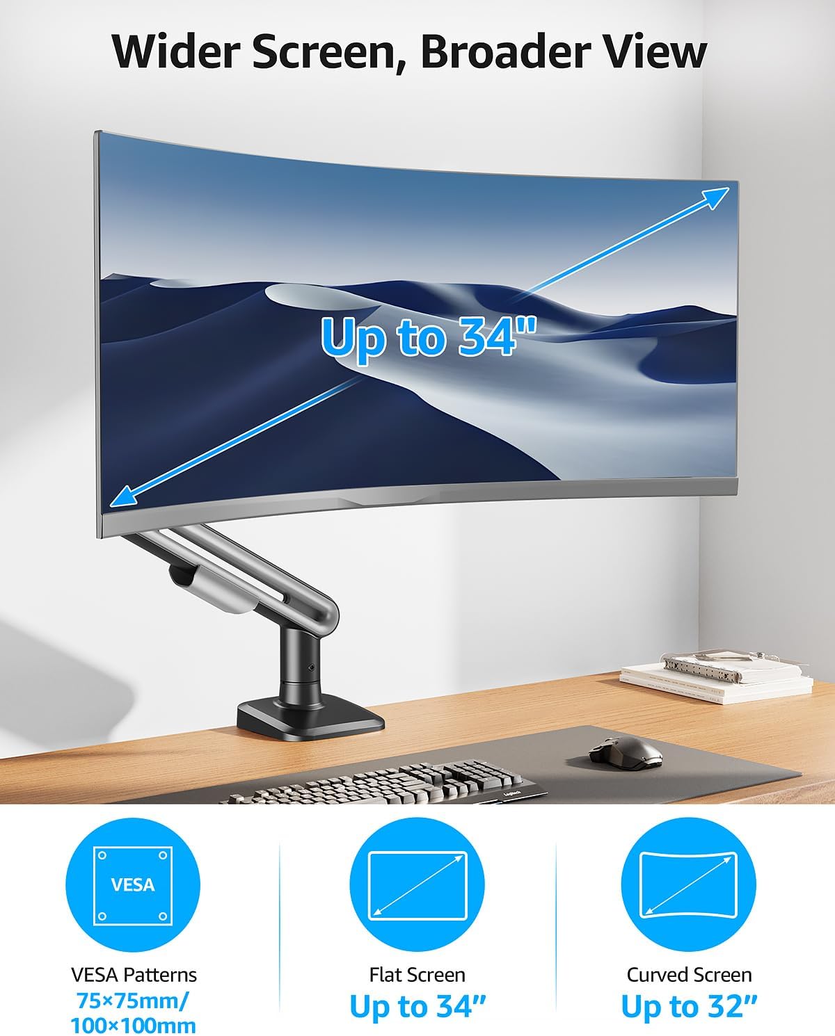 MOUNTUP Single Monitor Desk Mount Holds Max 26.5lbs, Monitor Mount for 13-34 inch, Full-Motion Monitors Stand, Height Adjustable Gas Spring Monitors Arm with C-Clamp＆Grommet Base