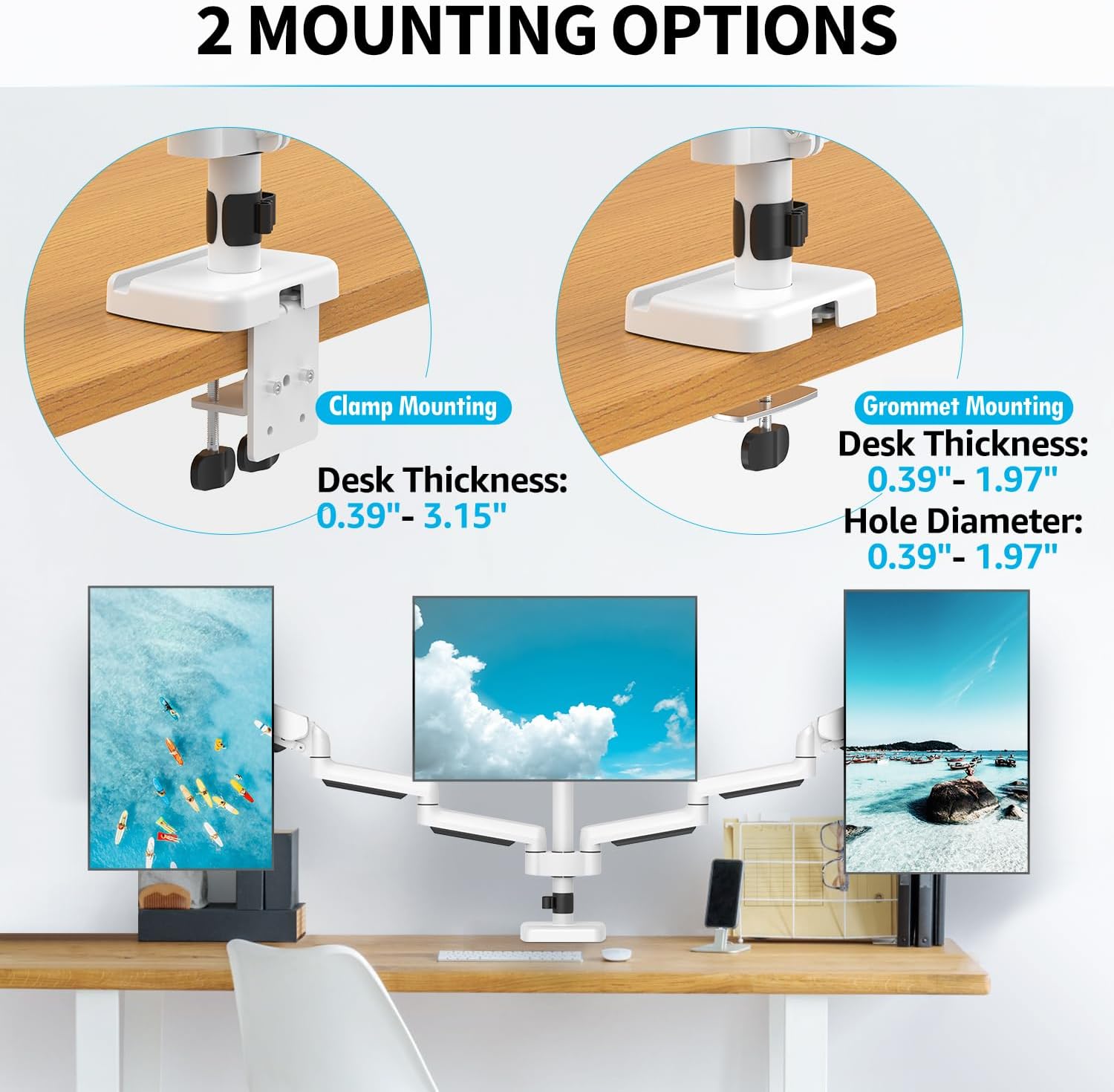 MOUNTUP Triple Monitor Stand Mount - 3 Monitors Desk Mount for Computer Screens Up to 27 inch, Triple Monitor Arm with Gas Spring, Heavy Duty Monitors Stand, Each Arm Holds Up to 19.8 lbs, White