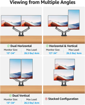 MOUNTUP Dual Monitor Mount Holds for 4.4-26.5lbs, Full-motion Monitors Stand Max 39 inch, Gas Spring Monitor Stand for 2 Monitor, Height Adjustable Monitors Desk Mount with C-Clamp＆Grommet Base