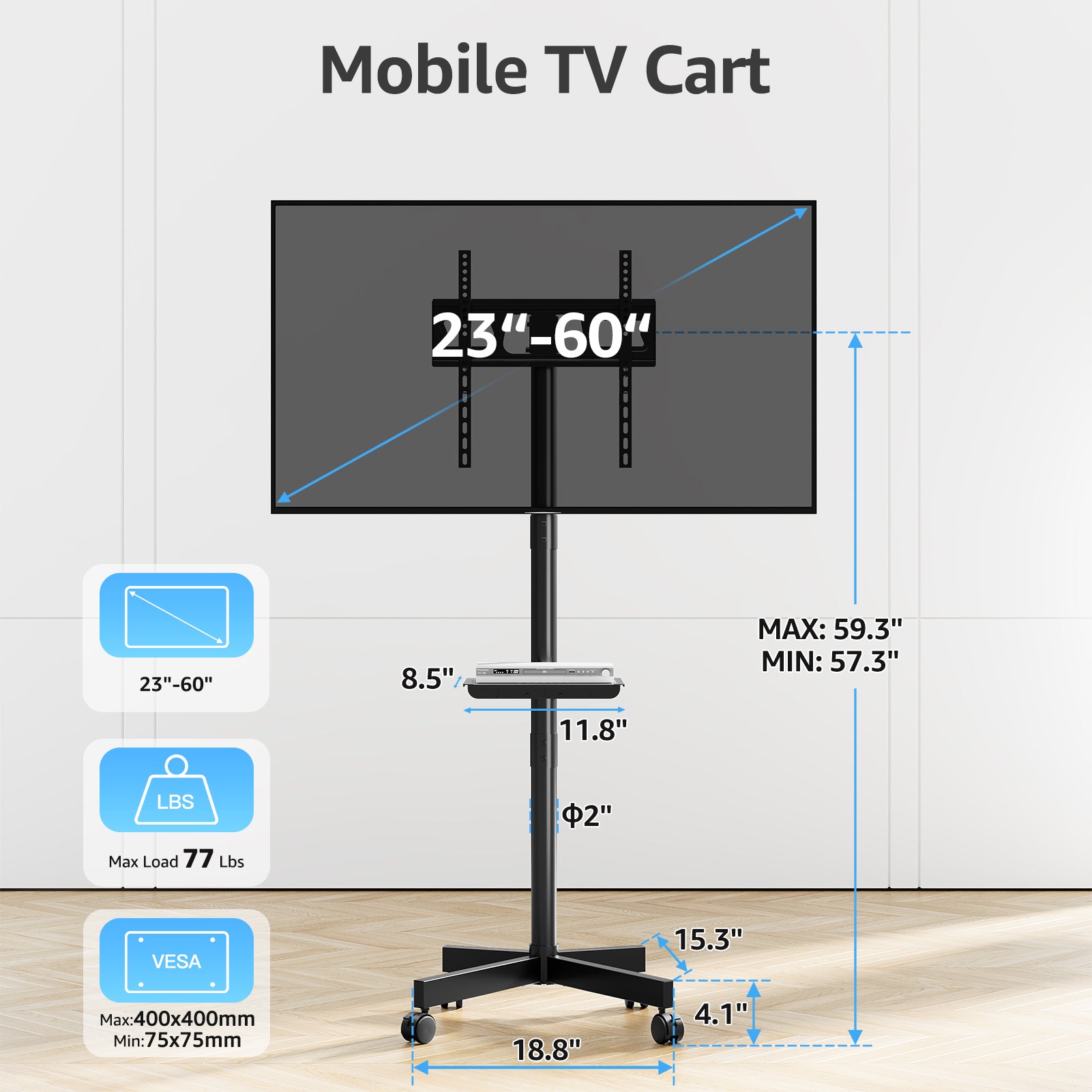 MOUNTUP Rolling TV Stand Mobile TV Cart for 23-60” TVs, Portable TV Floor Stand with Wheels for 27 32 43 50 55 inch Flat/Curved TVs, Height Adjustable, Tilting Mount, Max VESA 400x400mm, MU1117