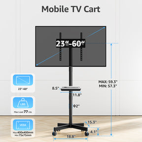 MOUNTUP Rolling TV Stand Mobile TV Cart for 23-60” TVs, Portable TV Floor Stand with Wheels for 27 32 43 50 55 inch Flat/Curved TVs, Height Adjustable, Tilting Mount, Max VESA 400x400mm, MU1117