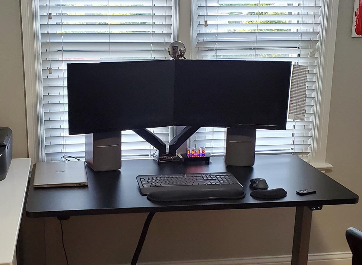 desk setup with dual monitor desk mount