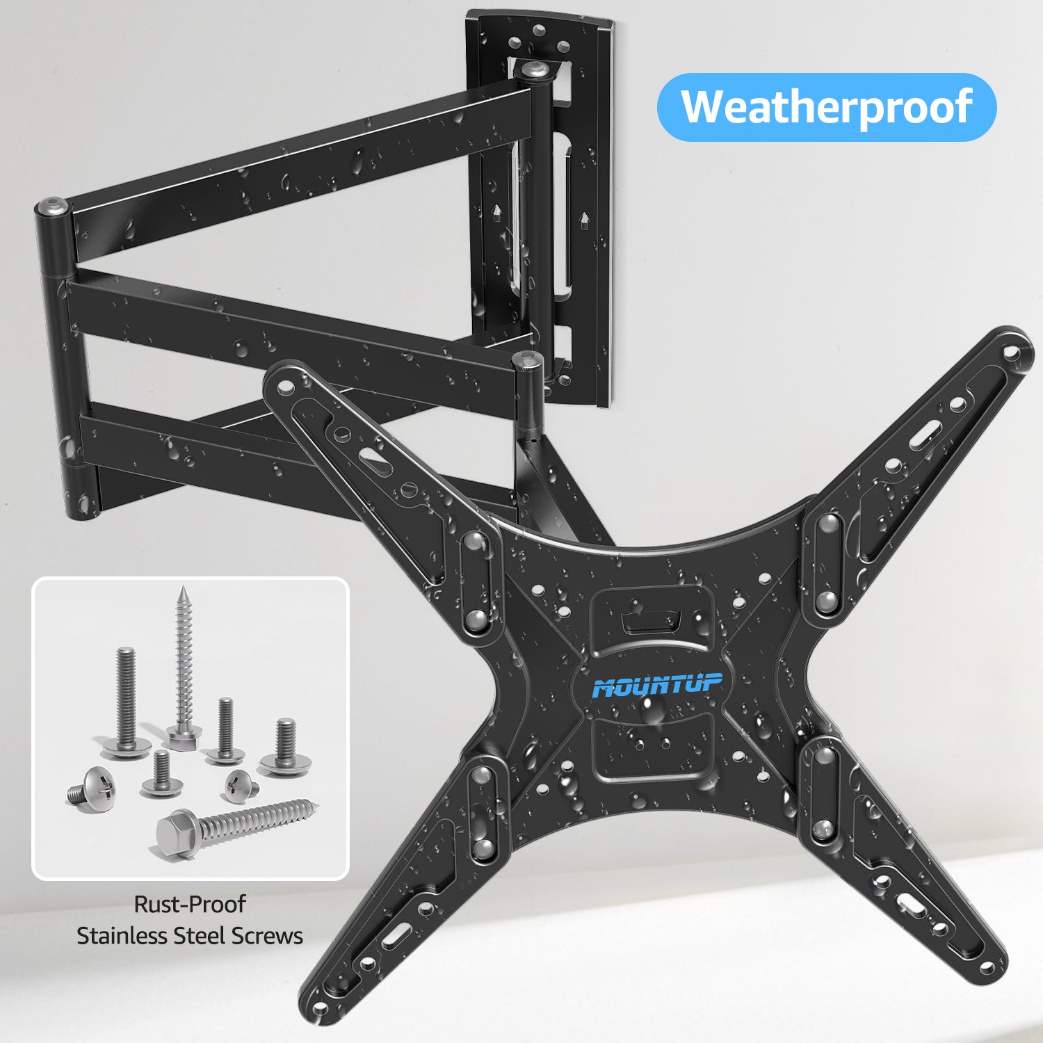 MOUNTUP Outdoor Long Arm TV Wall Mount for 26-65" TVs, Waterproof & Rustproof Outside Full Motion Bracket with Stainless Steel Screws, 37.4'' Long Extension Corner TV Mount Hold 77 lbs, VESA 400x400mm