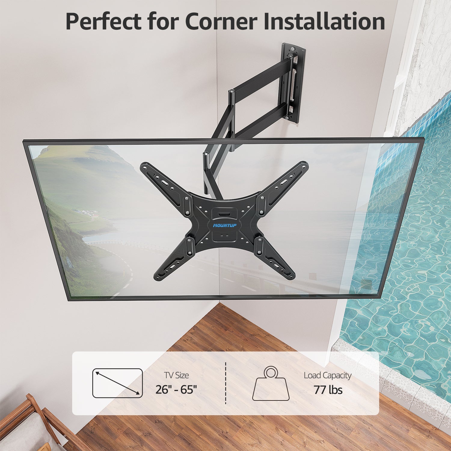 MOUNTUP Outdoor Long Arm TV Wall Mount for 26-65" TVs, Waterproof & Rustproof Outside Full Motion Bracket with Stainless Steel Screws, 37.4'' Long Extension Corner TV Mount Hold 77 lbs, VESA 400x400mm