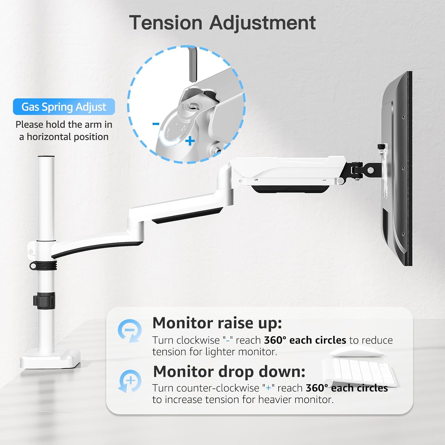MOUNTUP Single Monitor Desk Mount, Monitor Mount for 13-32 inch, Long Arm Full-Motion Monitors Stand Holds Max 19.8lbs, Height Adjustable Gas Spring Monitors Arm with C-Clamp＆Grommet Base, White