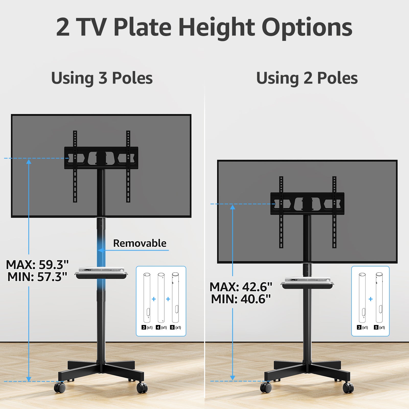 MOUNTUP Rolling TV Stand Mobile TV Cart for 23-60” TVs, Portable TV Floor Stand with Wheels for 27 32 43 50 55 inch Flat/Curved TVs, Height Adjustable, Tilting Mount, Max VESA 400x400mm, MU1117