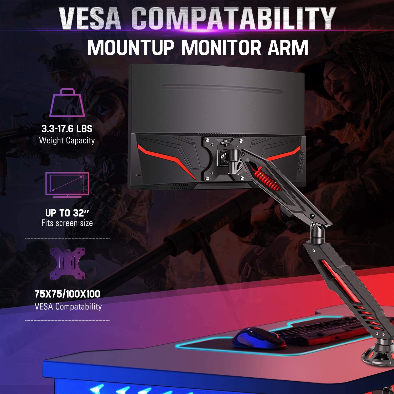 Single Monitor Desk Mount for 17''-32'' Monitors for Gaming