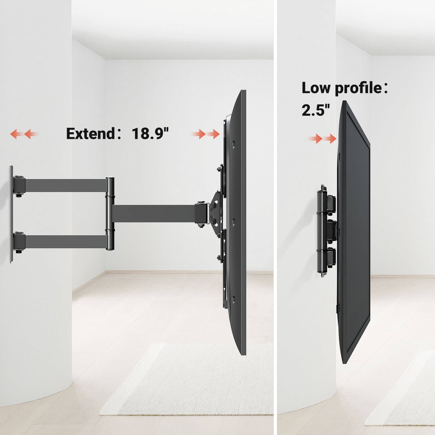full motion TV mount with 18.9'' extension and 2.5'' low profile