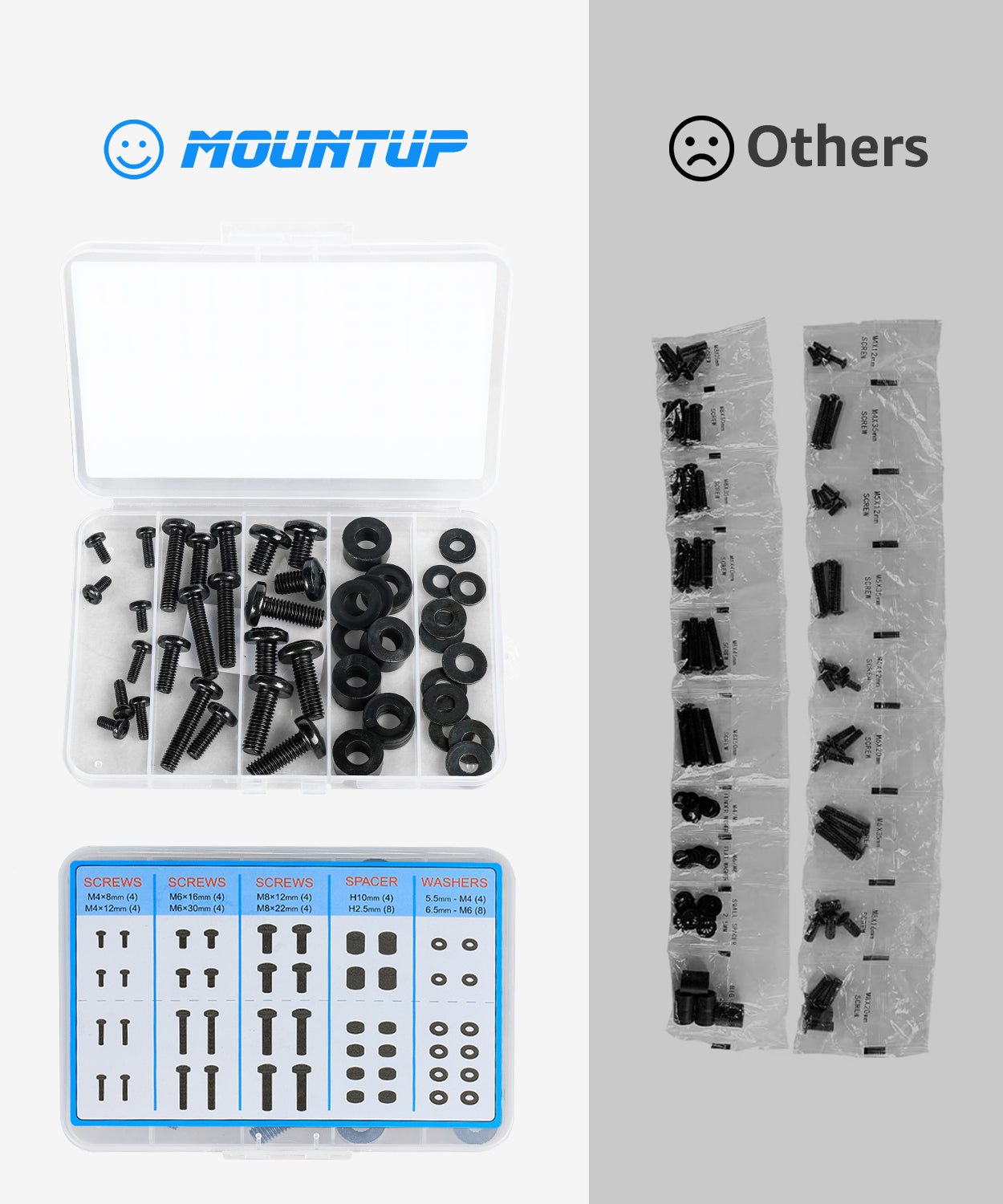 MOUNTUP Universal TV Mounting Hardware Screw Kit with Box - M4 M6 M8 Screws, Spacers & Washers for Most LED LCD OLED 4K TVs, Replacement Screws for TVs/Monitor Mounting, MU9041