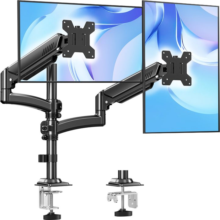 Dual Monitor Stand Holds 4.4-22 lbs Each, Dual Monitor Arm for 2 Monitors, Height Adjustable Computer Desk Mount for Max 32 inch Screens, VESA Mount with C-clamp & Grommet Base, Freelift Black-MU6016B