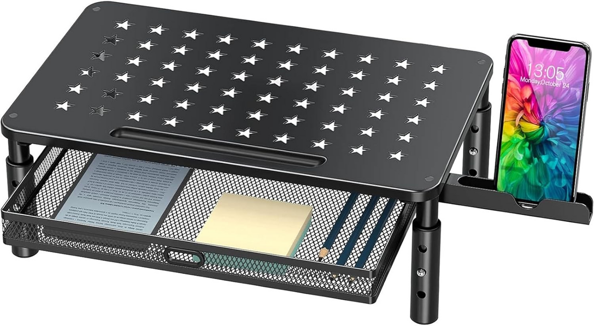 View Free Monitor Stand Riser with Metal Mesh Drawer, Height Adjustable with Phone Holder VF93103